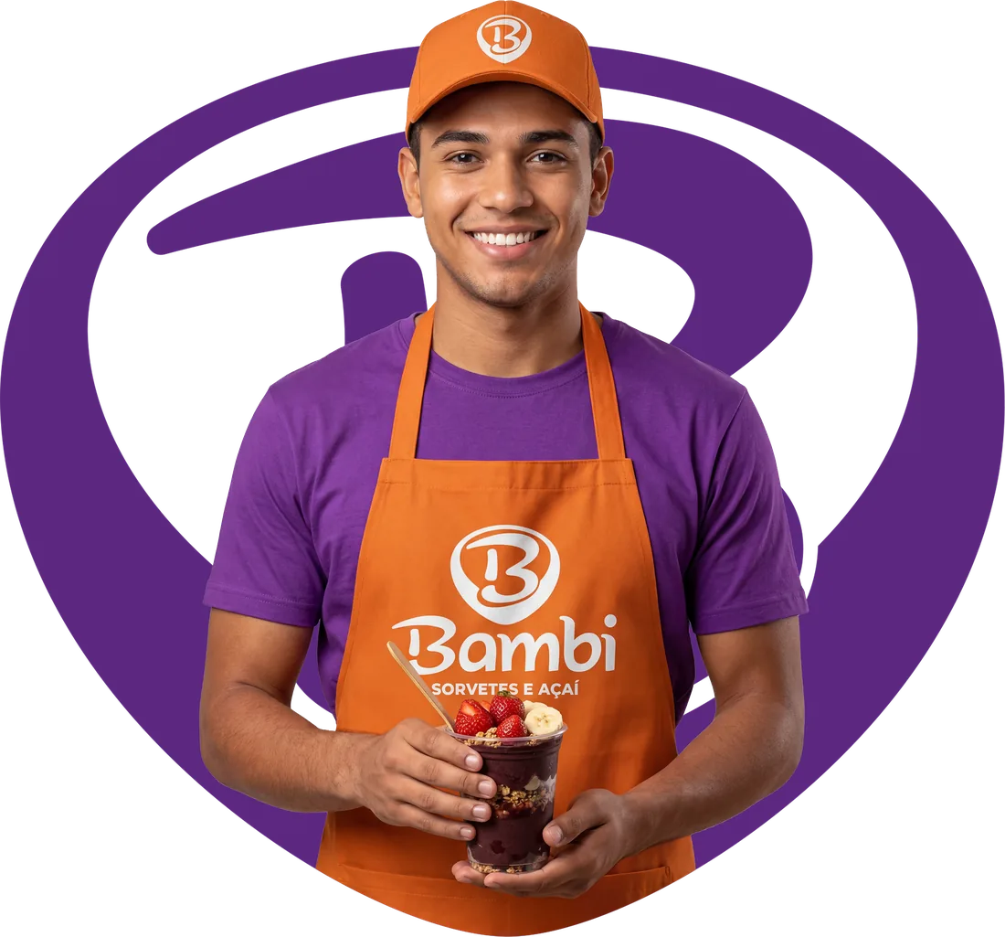 Concessionário Sorvetes Bambi segurando um copo de açaí